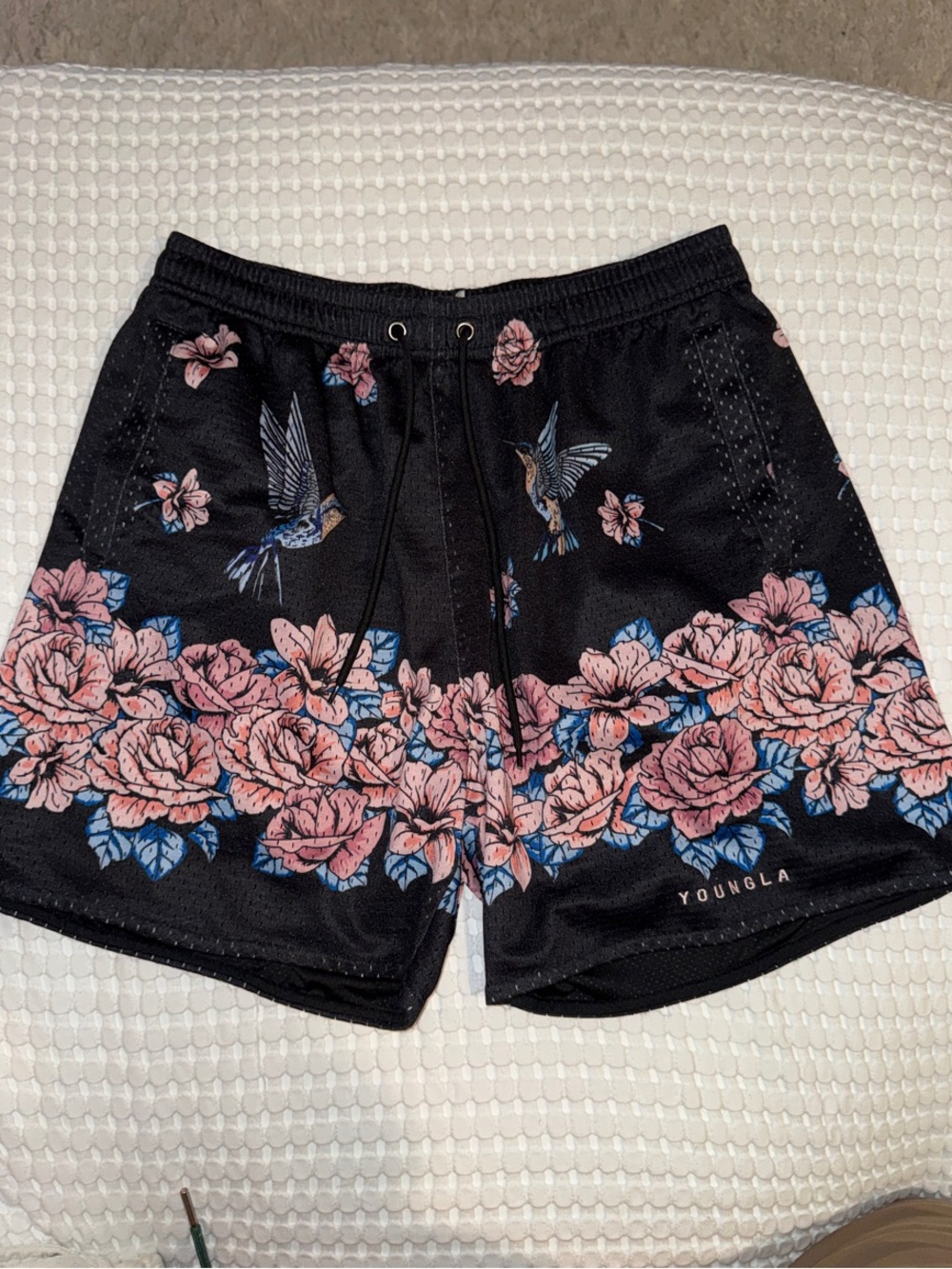 YoungLA Black Shorts with Pink Floral & Blue Leaf Detail